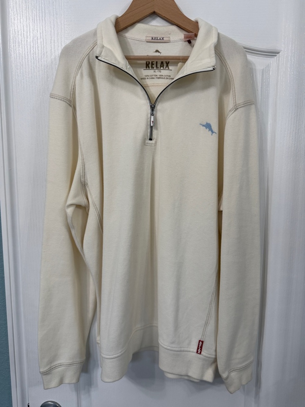 Tommy Bahama Cream Quarter-Zip Pullover with Blue Logo
